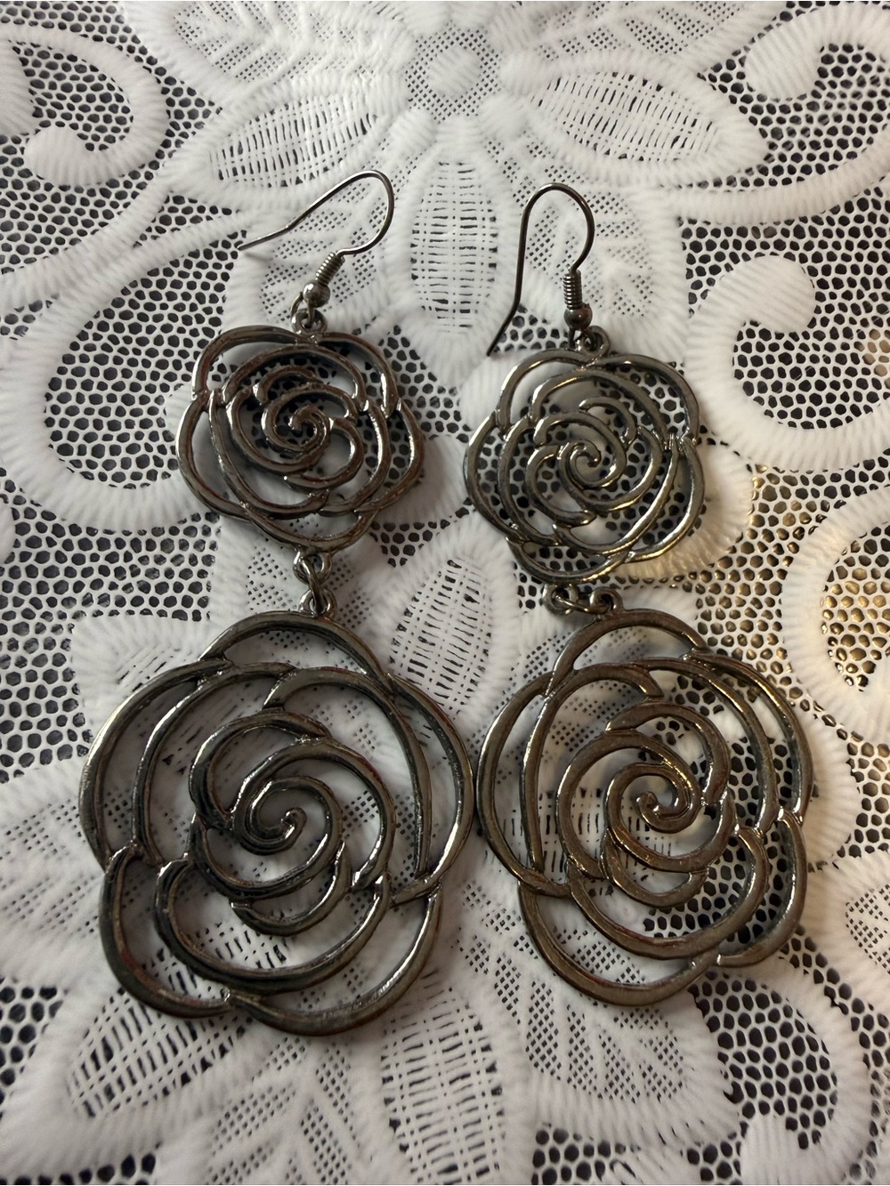Vintage Gunmetal Cutout Rose Two-Tier Drop Earrings